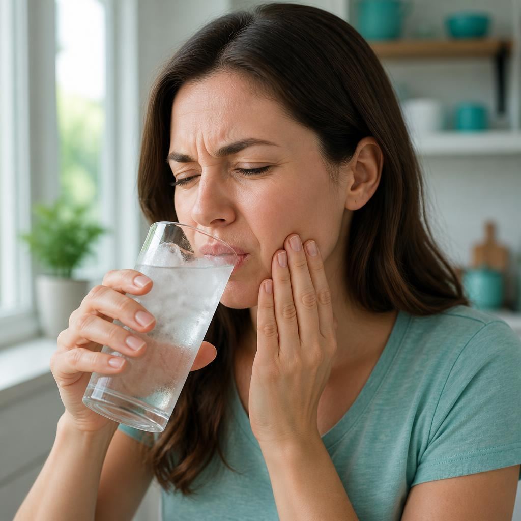 Close-up of a person holding a glass of cold water near their teeth, with a clean modern dental feel